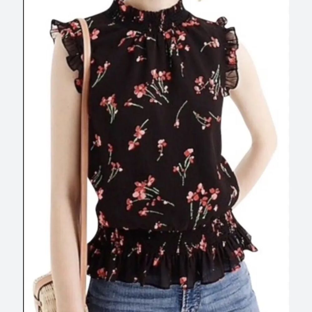 J. Crew Black Floral Ruffle Blouse